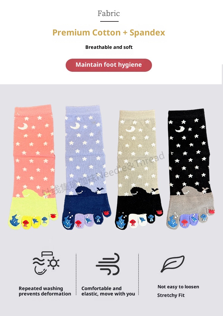 001 Calzini da yoga in cotone a cinque dita per donna, a metà polpaccio, autunno e inverno, nuovi separatori dita in gomma stampati con cartoni animati sportivi_voghion.com