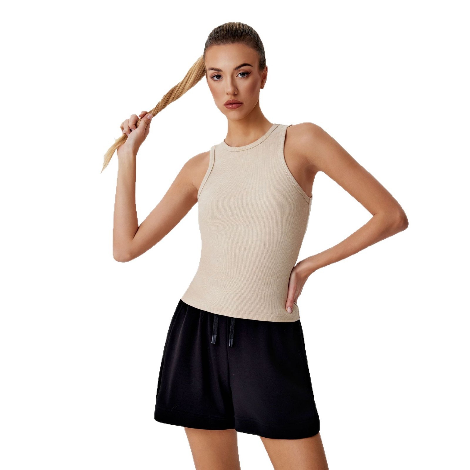 001 Cross-border Ribbed Shiny Silk Nude Top For Women, Sweat-absorbing Sports Sleeveless Vest, Round Neck Summer Outdoor_voghion.com