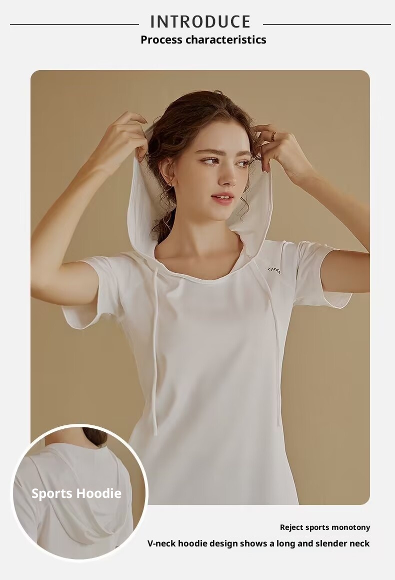 Camiseta deportiva de manga corta para mujer, holgada, adelgazante, de longitud media, con capucha, de secado rápido, para fitness y yoga._voghion.com