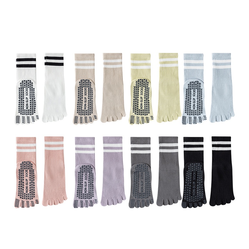 Chaussettes de yoga et de pilates d'intérieur Zhuji pour femmes, en pur coton, à cinq orteils, antidérapantes et tubulaires, avec séparateur d'orteils. Modèle 001._voghion.com