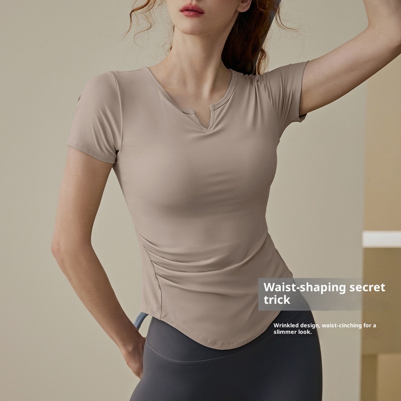 001 Yoga Top With Chest Pads For Women, Summer Pilates Training Sports Short Sleeve T-Shirt Set, High-End Fitness Shirt_voghion.com