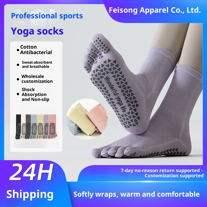 001 Professional Mid-Calf Non-Slip Sports Cotton Five-Toe Women Pilates Toe Separator Yoga Socks_voghion.com