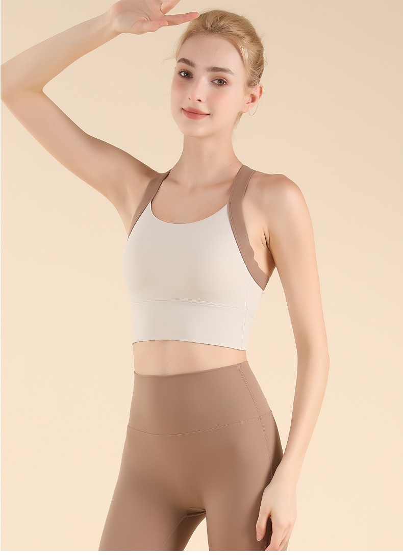 001 Farbblock-Sportset mit Cross-Design, Laufweste, High-Intensity-Yogaweste, Pilates-Fitnessweste mit integriertem Cup, schöne Rückenpartie_voghion.com