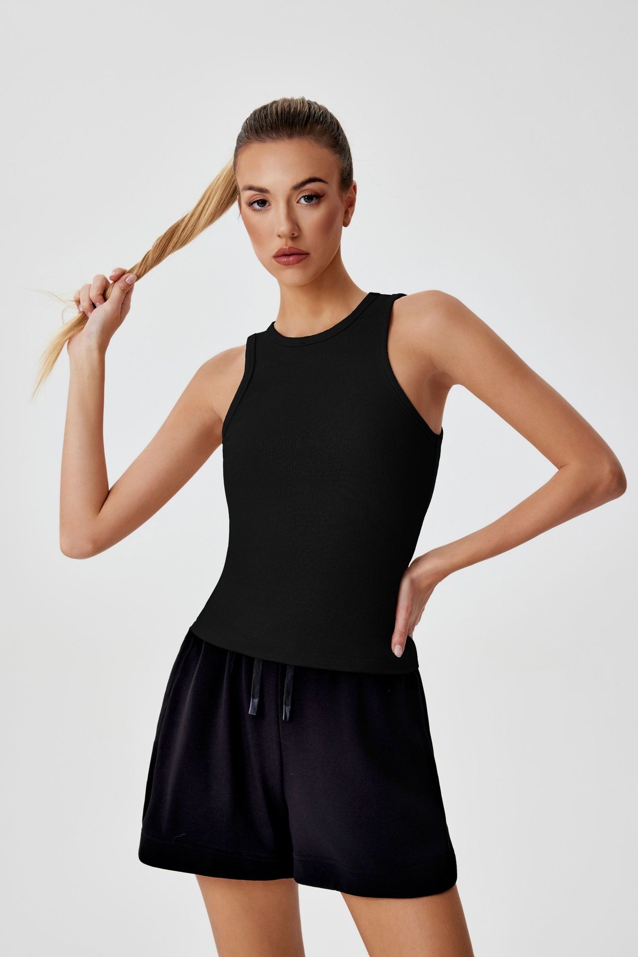 001 Cross-border Ribbed Shiny Silk Nude Top For Women, Sweat-absorbing Sports Sleeveless Vest, Round Neck Summer Outdoor_voghion.com