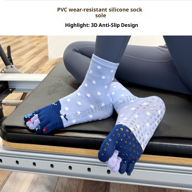 001 Calzini da yoga in cotone a cinque dita per donna, a metà polpaccio, autunno e inverno, nuovi separatori dita in gomma stampati con cartoni animati sportivi_voghion.com