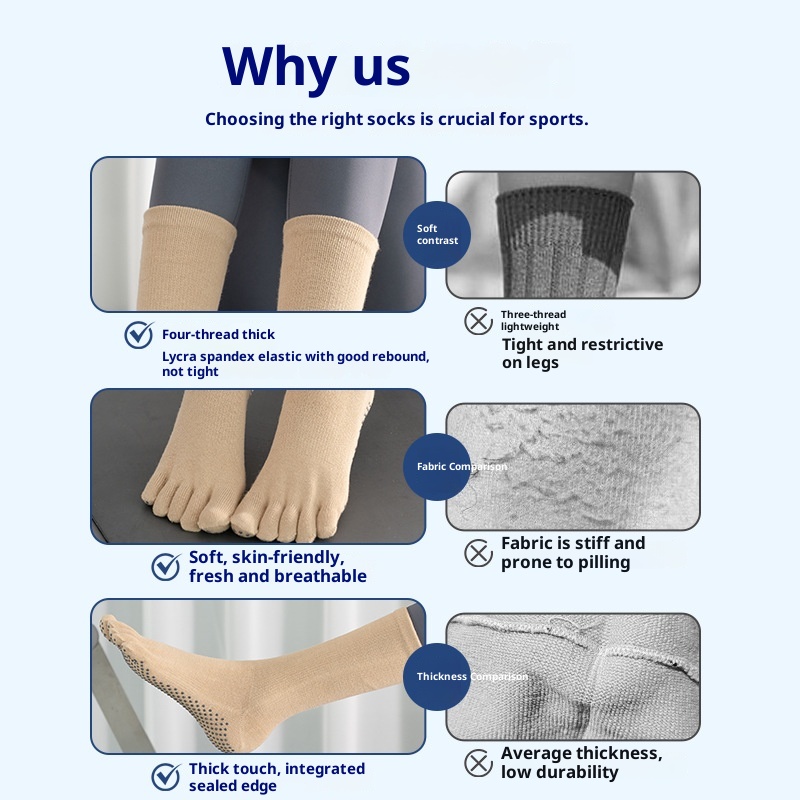 Chaussettes de yoga et de pilates mi-mollet pour femmes, style sport, à dégradé de couleurs, orteils séparés, absorbantes et antidérapantes. Modèle professionnel._voghion.com