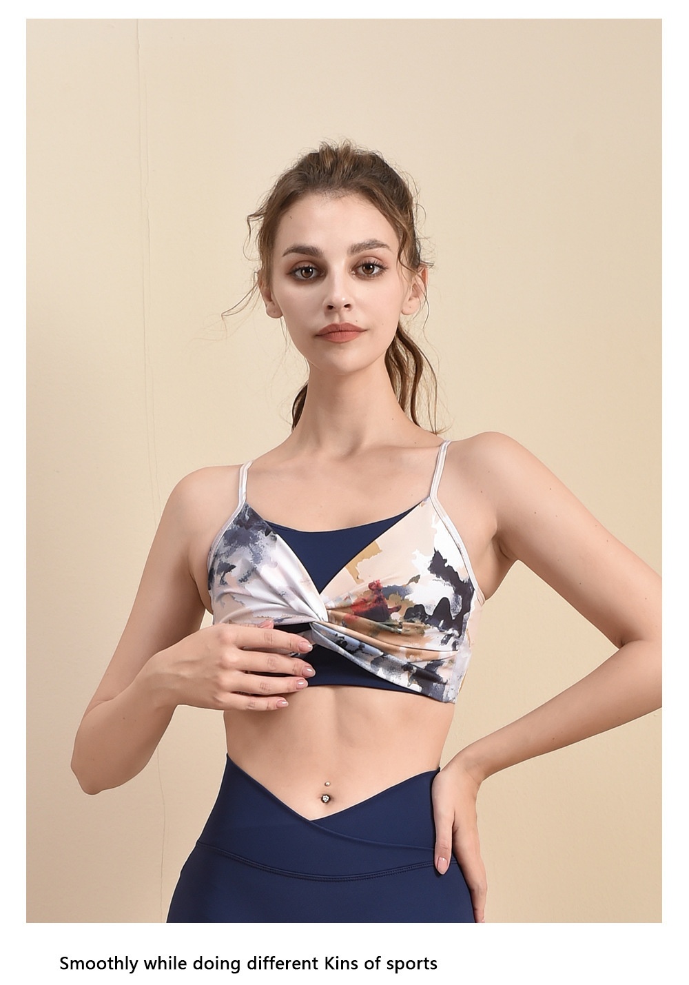 001 New Yoga Wear Fashion National Style Printed Fixed Chest Pad Sports Bra Front Tie Flower Thin Strap Fitness Vest For_voghion.com