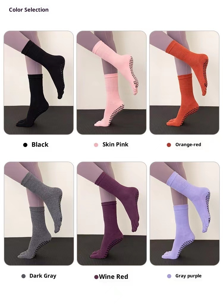 Chaussettes de yoga professionnelles antidérapantes automne-hiver pour femmes, longues et tubulaires, à cinq doigts, pour le fitness et la danse en intérieur._voghion.com