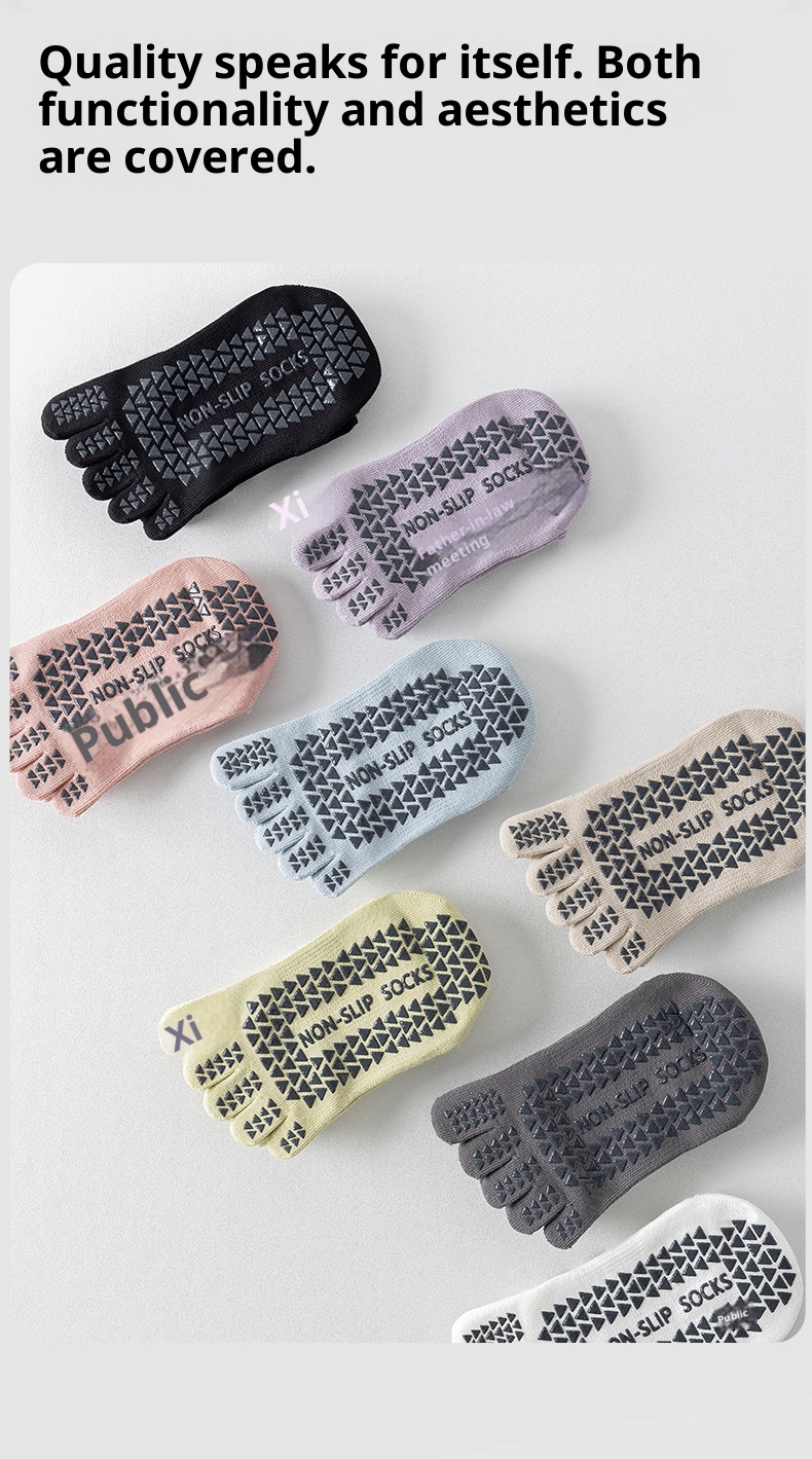 Chaussettes de yoga et de pilates d'intérieur Zhuji pour femmes, en pur coton, à cinq orteils, antidérapantes et tubulaires, avec séparateur d'orteils. Modèle 001._voghion.com