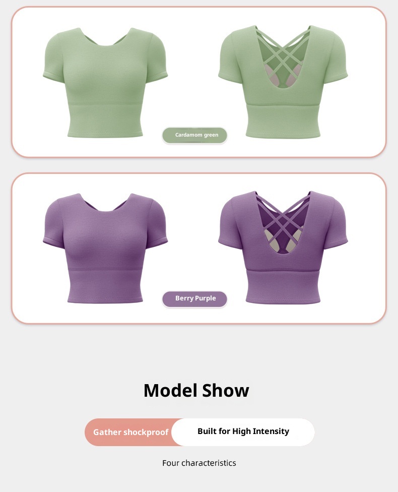 001 Juyitang Beauty Back Yoga Top Short Sleeve Slim Fit Sports Shirt For Women With Chest Pads_voghion.com