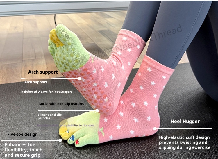 001 Calzini da yoga in cotone a cinque dita per donna, a metà polpaccio, autunno e inverno, nuovi separatori dita in gomma stampati con cartoni animati sportivi_voghion.com