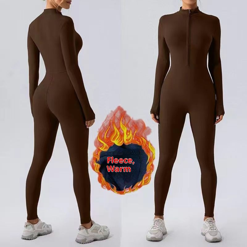 001 Cross-Border Zipper Barely-There Feel Tight-Fitting Fleece-Lined Autumn Winter Yoga Warm One-Piece Running_voghion.com