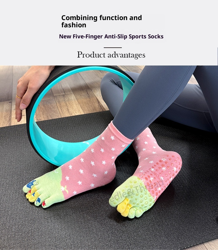 001 Calzini da yoga in cotone a cinque dita per donna, a metà polpaccio, autunno e inverno, nuovi separatori dita in gomma stampati con cartoni animati sportivi_voghion.com