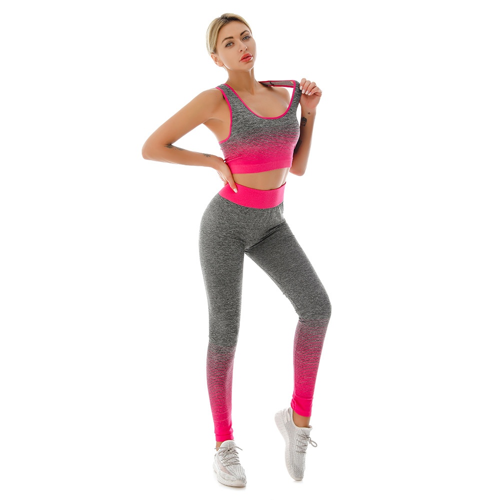 001 Langfristig verfügbarer, grenzüberschreitender Großhandel: Superelastisches Sport-BH- und Leggings-Set für Damen mit Farbverlauf – ideal für Yoga._voghion.com