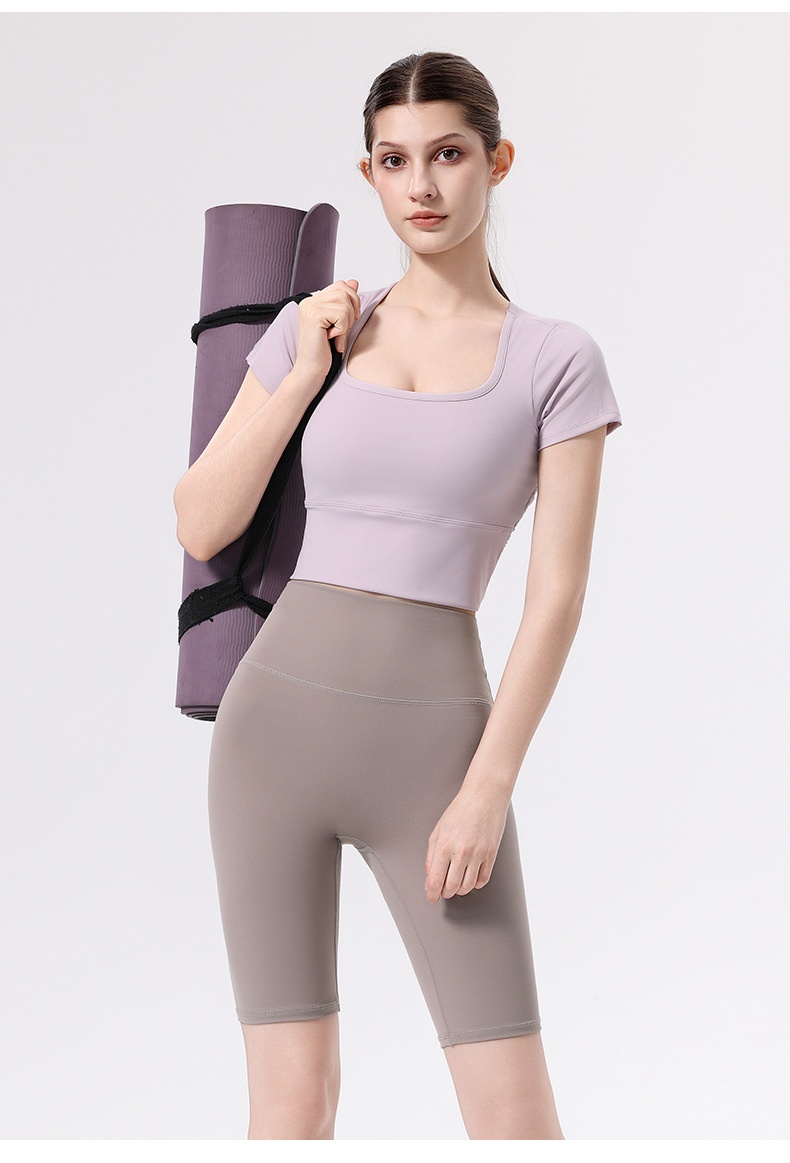 001 Yoga With Chest Pads Women Sports T-Shirt Fitness Tops Quick-Drying Running Short-Sleeved Gym Pilates Training Clothes_voghion.com