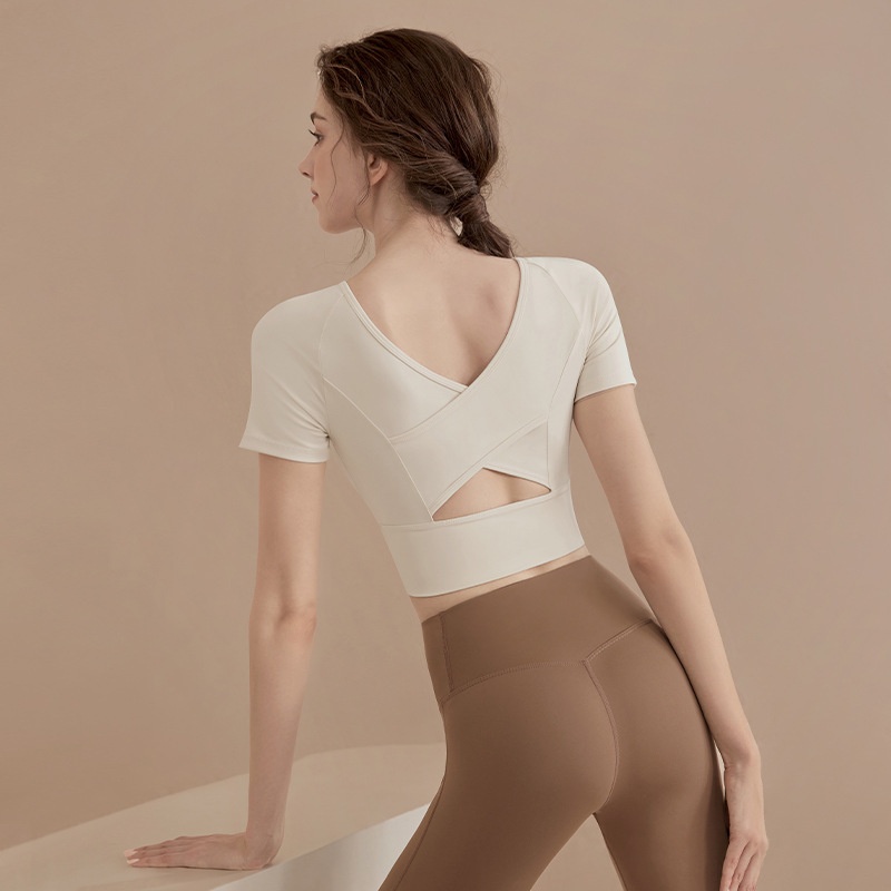 001 Backless Yoga Top For Women Summer Fitness Clothing Pilates Sports Set New Short Sleeve With Chest Pad Tight-Fitting_voghion.com