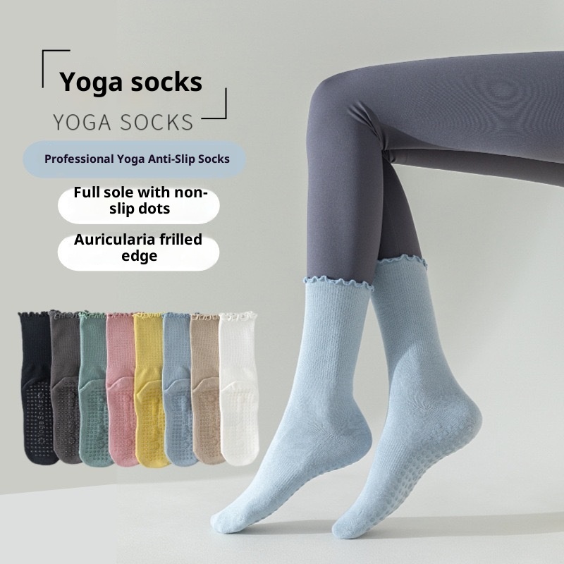 001 Spring Summer Yoga Mid-Calf Seamless Ruffled Edge Sports Non-Slip Running Pilates Thin Shock-Absorbing Fitness Socks_voghion.com