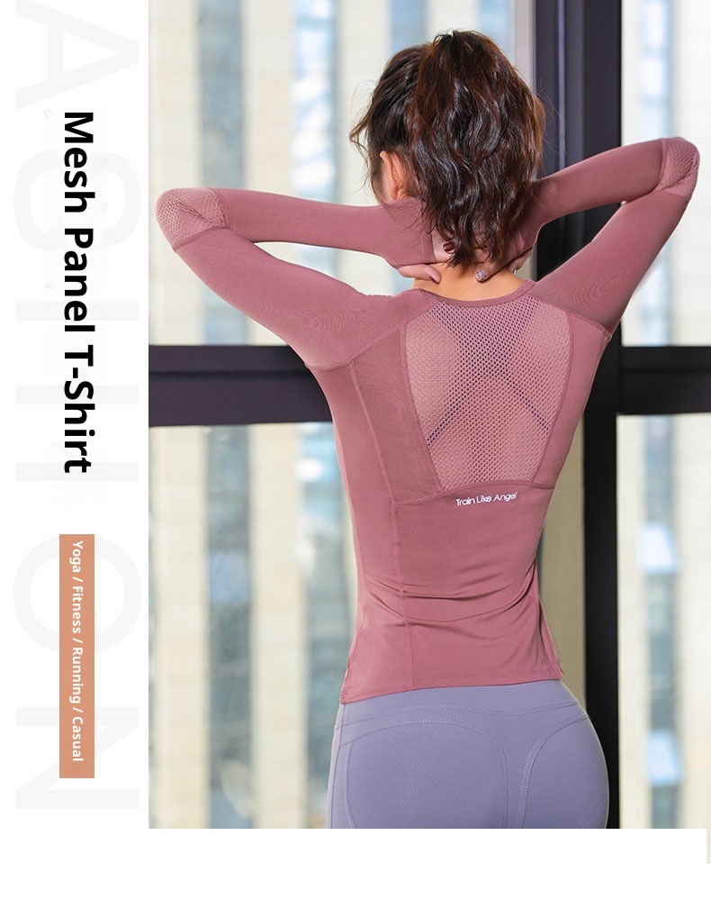 Camiseta deportiva larga de manga corta para entrenamiento, transpirable y de secado rápido 001 Yoga, corte ajustado, ideal para hacer ejercicio o correr._voghion.com