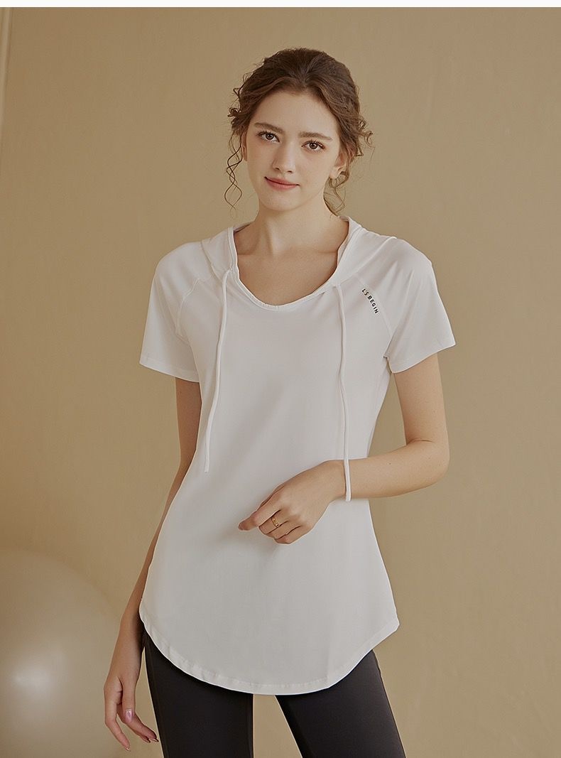 Camiseta deportiva de manga corta para mujer, holgada, adelgazante, de longitud media, con capucha, de secado rápido, para fitness y yoga._voghion.com