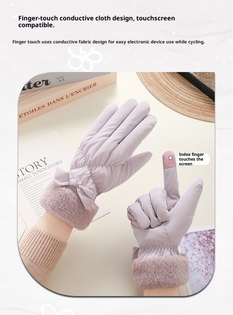 ActiveGo Winter Warm For Women Outdoor Cycling Fleece Lined Thickened Windproof Cold-Proof Touchscreen Cloud Velvet Bowknot Ski_voghion.com