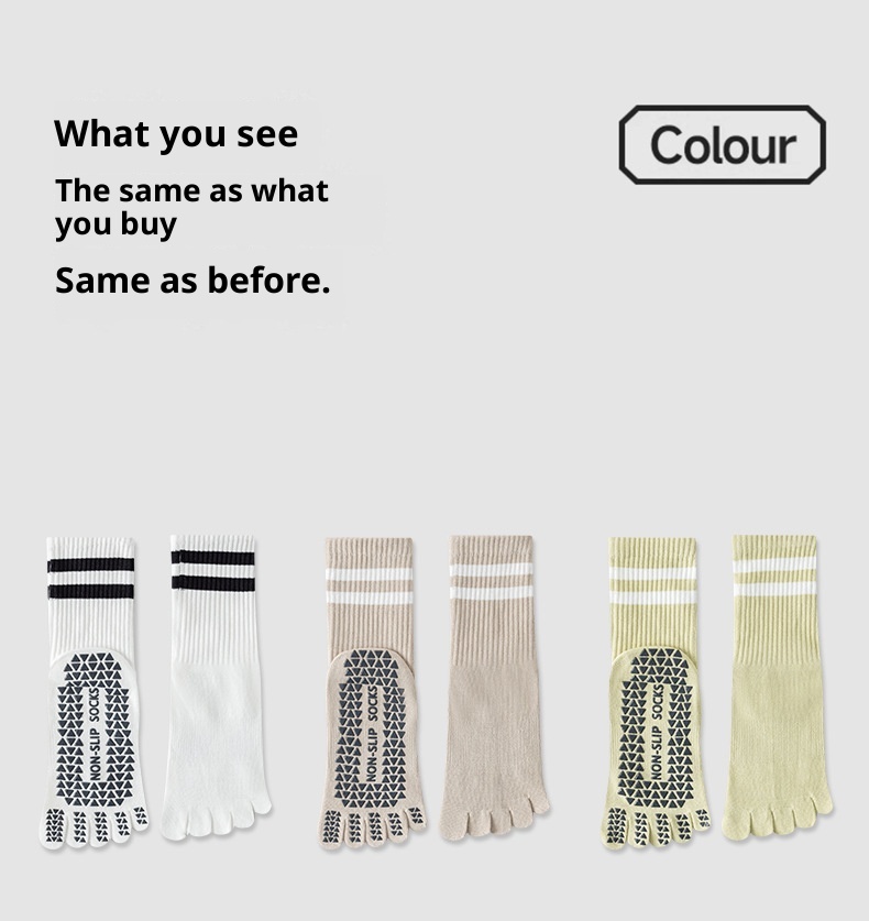 Chaussettes de yoga et de pilates d'intérieur Zhuji pour femmes, en pur coton, à cinq orteils, antidérapantes et tubulaires, avec séparateur d'orteils. Modèle 001._voghion.com