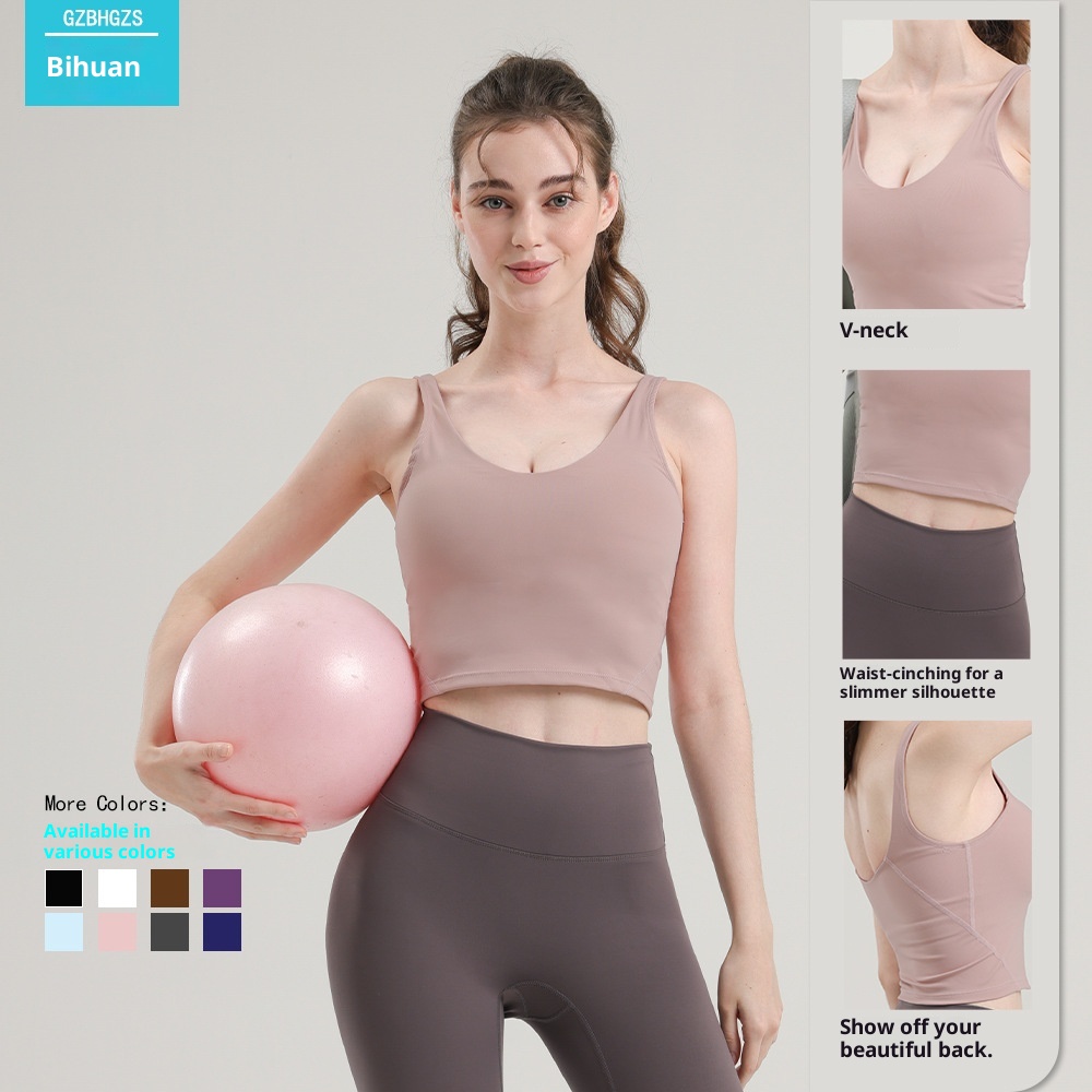 001 V-Shape Al*gn Fitness Wear Beautiful Back Base Sports Bra With Inner Padding Yoga Vest Outdoor Running_voghion.com