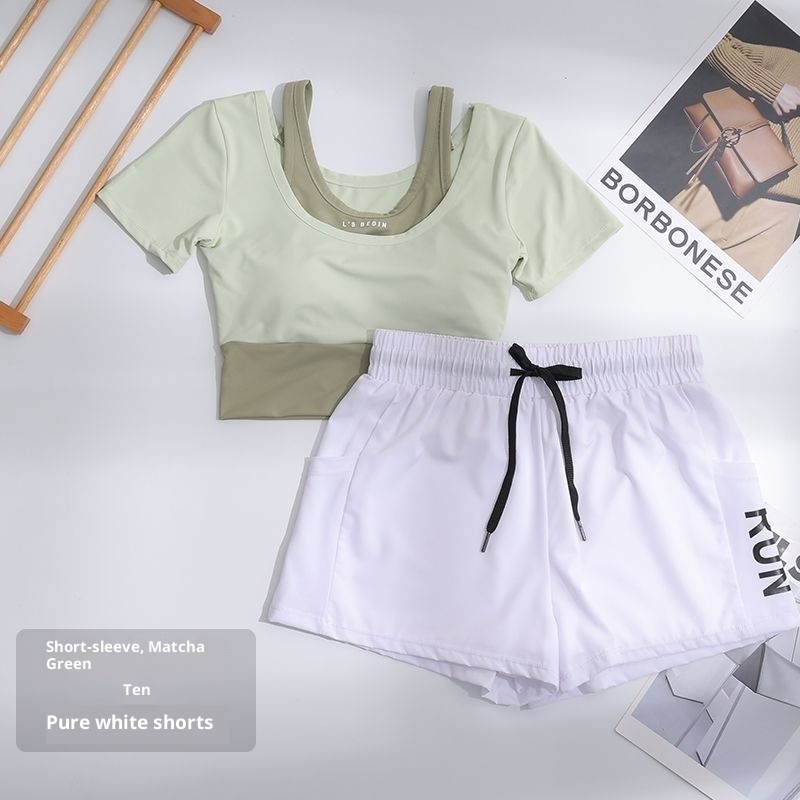 001 Pantaloncini sportivi da yoga a maniche corte con imbottitura sul petto, set da corsa traspirante per donna, estate, sottile_voghion.com