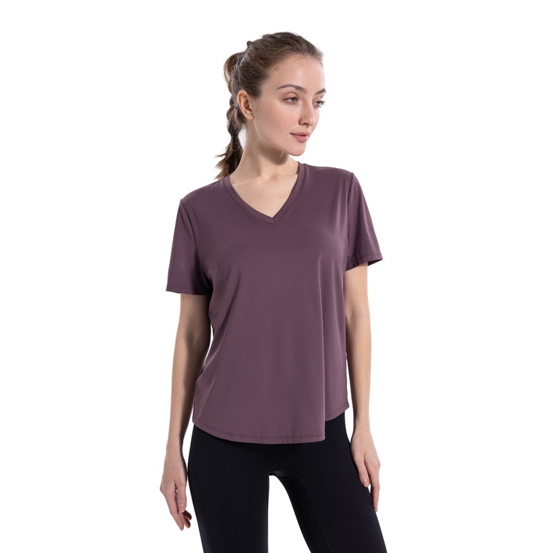 001 Maglietta da yoga con scollo a V taglie forti, a maniche corte, per donna, abbigliamento fitness, primavera estate, maglietta sportiva, corsa all'aperto_voghion.com