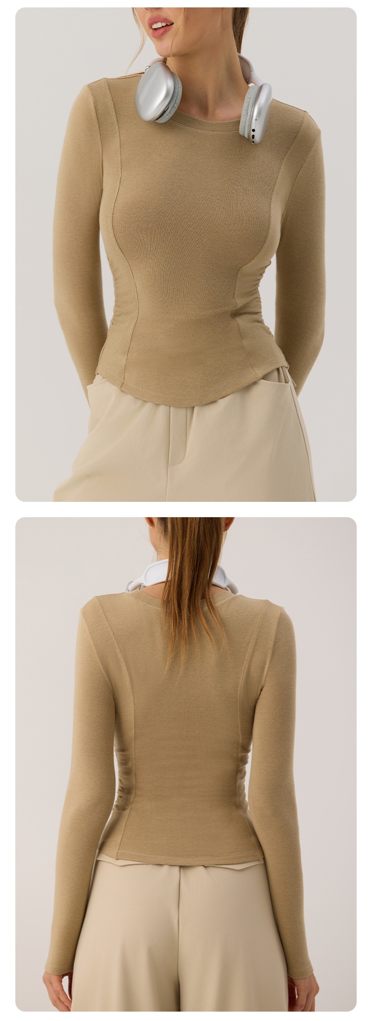 001 Nowa damska koszulka do jogi z długim rękawem i zaokrąglonym dołem, podkreślająca talię, obcisła koszulka do uprawiania sportu, biegania i fitnessu, jesień_voghion.com