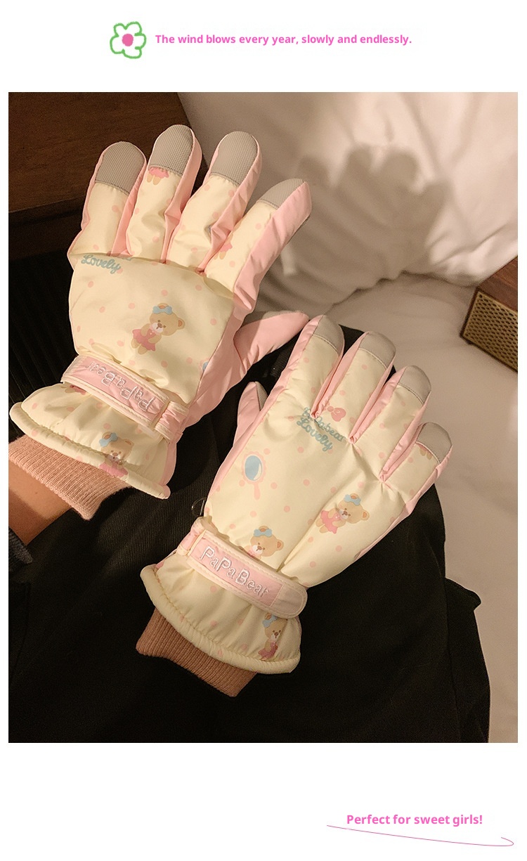 ActiveGo schattige roze beer skihandschoenen voor dames, winter touchscreen fleece, waterdicht, warm, 2024, winddicht, fietsen, buiten_voghion.com