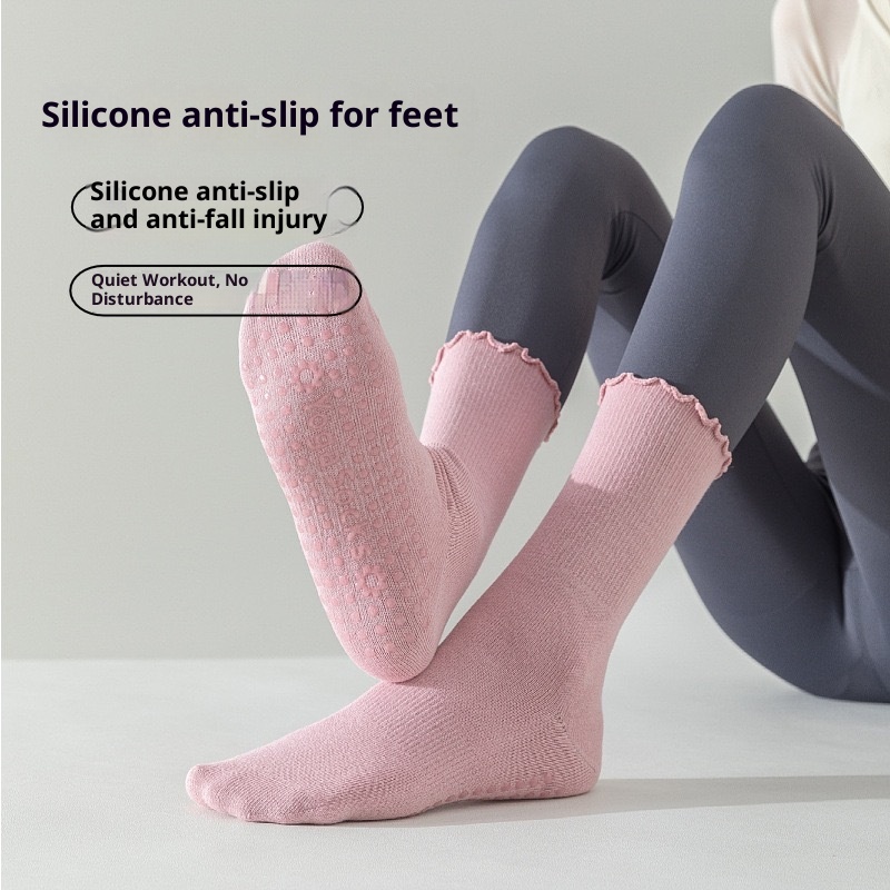 001 Spring Summer Yoga Mid-Calf Seamless Ruffled Edge Sports Non-Slip Running Pilates Thin Shock-Absorbing Fitness Socks_voghion.com