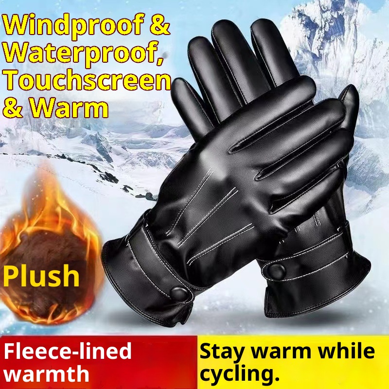 ActiveGo Men's Outdoor Riding Fleece Lined Thickened Electric Bike Windproof Waterproof Skiing Warm Touchscreen Leather Gloves_voghion.com