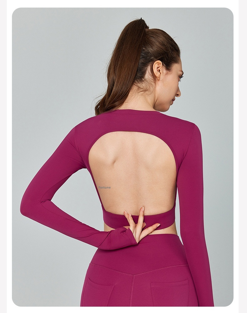001 Cross-Border Sexy Back Yoga Shirt Long Sleeve With Chest Pad Slim Fit Short Sports Top Running Training Fitness Cover-Up_voghion.com