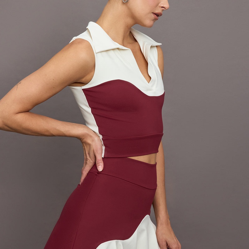 001 Najlepiej sprzedający się zestaw do jogi dla kobiet z bluzką w blokach kolorów i spódniczką do golfa i tenisa, oddychającą i antypoślizgową_voghion.com