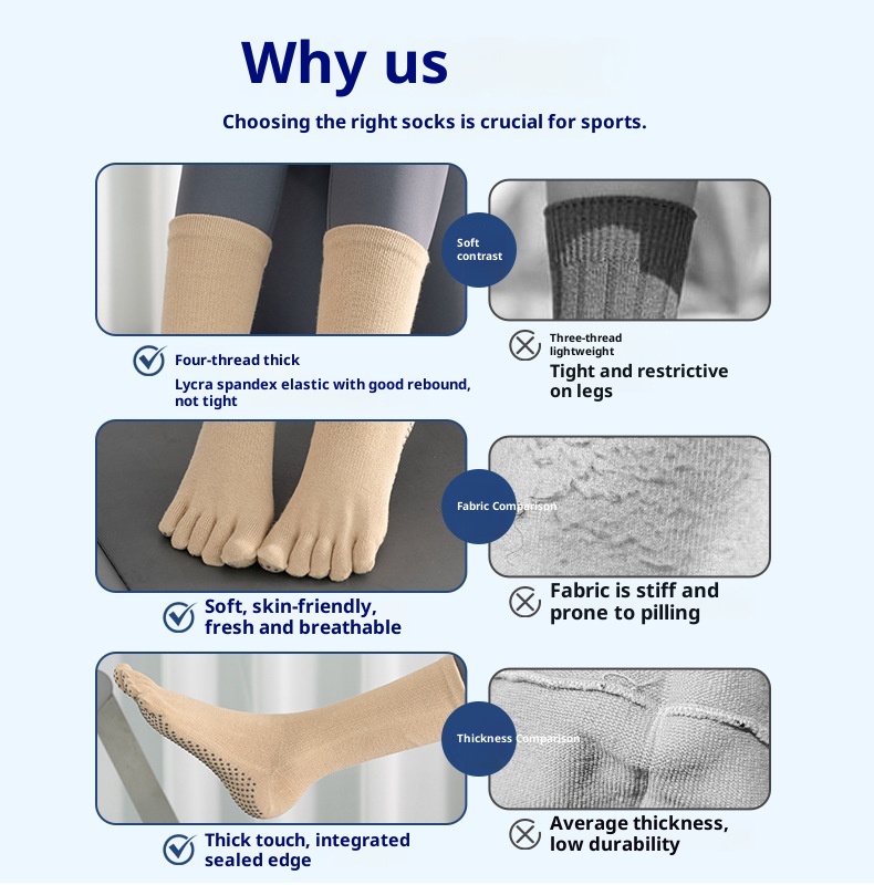 Chaussettes de yoga et de pilates mi-mollet pour femmes, style sport, à dégradé de couleurs, orteils séparés, absorbantes et antidérapantes. Modèle professionnel._voghion.com