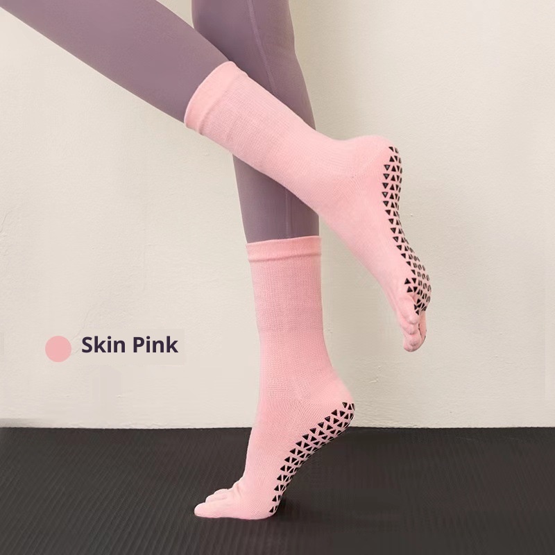 Chaussettes de yoga professionnelles antidérapantes automne-hiver pour femmes, longues et tubulaires, à cinq doigts, pour le fitness et la danse en intérieur._voghion.com