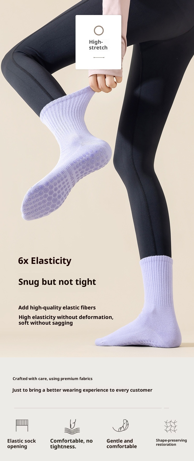 Chaussettes de sport mi-mollet en silicone antidérapant 001 pour femmes, idéales pour le yoga, le fitness au sol et le Pilates. Modèle long et polyvalent pour femmes._voghion.com