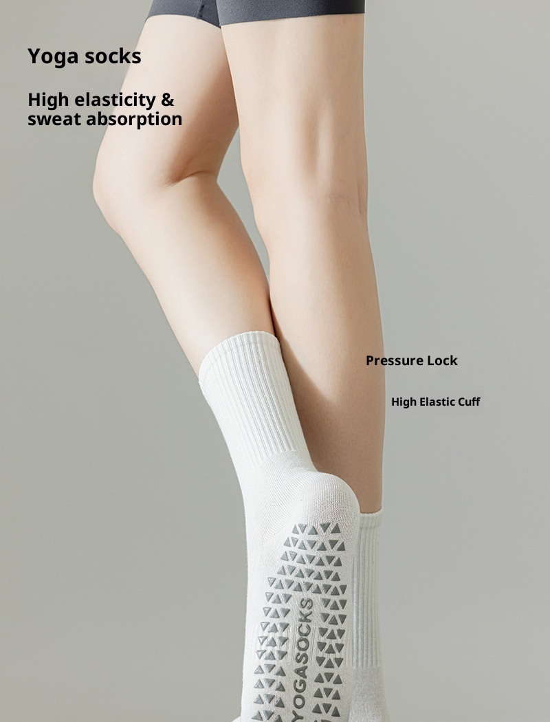 Chaussettes de sport 001 Yoga antidérapantes professionnelles mi-mollet en coton pour femmes, idéales pour l'automne et l'hiver, le fitness, la danse et le Pilates._voghion.com