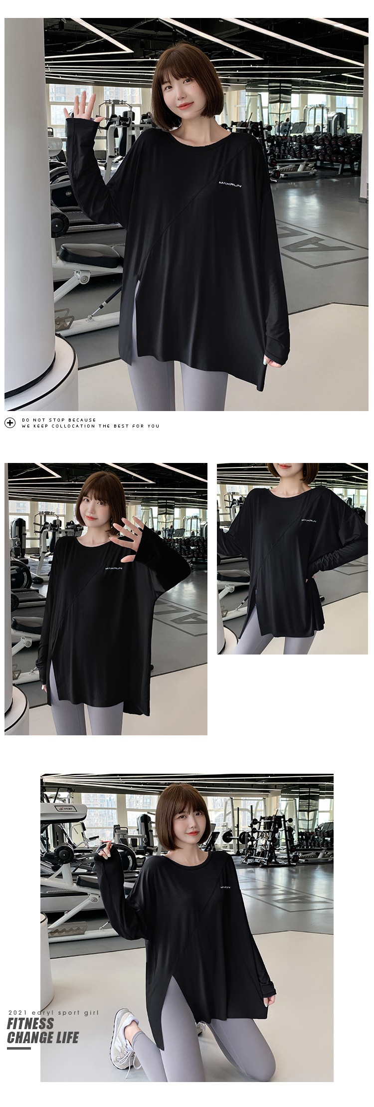 T-shirt de yoga à séchage rapide 001 avec fente, haut de sport ample pour femme, idéal pour la course à pied, grande taille, vêtements de fitness à manches longues_voghion.com