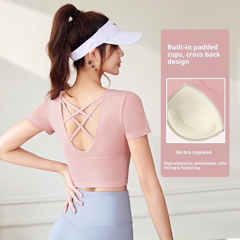 001 Juyitang Beauty Back Yoga Top Short Sleeve Slim Fit Sports Shirt For Women With Chest Pads_voghion.com