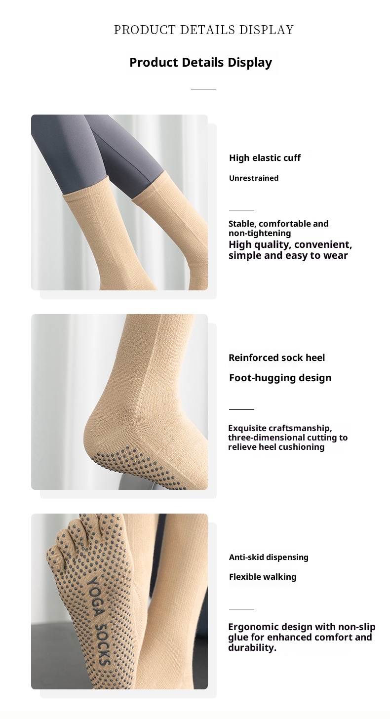 Chaussettes de yoga et de pilates mi-mollet pour femmes, style sport, à dégradé de couleurs, orteils séparés, absorbantes et antidérapantes. Modèle professionnel._voghion.com