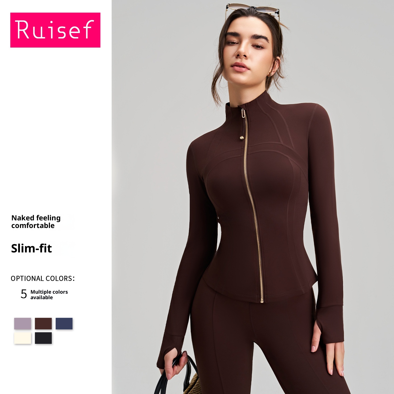 001 New Women's Slim Fit Top Long Sleeve With Finger Sleeves Stand Collar High-End Yoga Wear_voghion.com