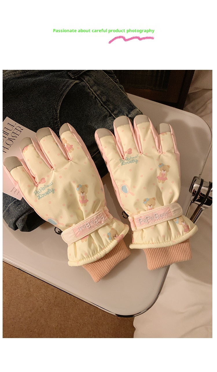 ActiveGo schattige roze beer skihandschoenen voor dames, winter touchscreen fleece, waterdicht, warm, 2024, winddicht, fietsen, buiten_voghion.com
