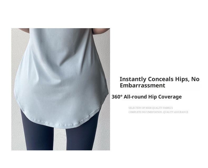 T-shirt de yoga 001 à manches courtes, idéal pour l'été. Coupe mi-longue couvrant les hanches, amincissant, séchage rapide et respirant. Parfait pour le sport et le fitness._voghion.com