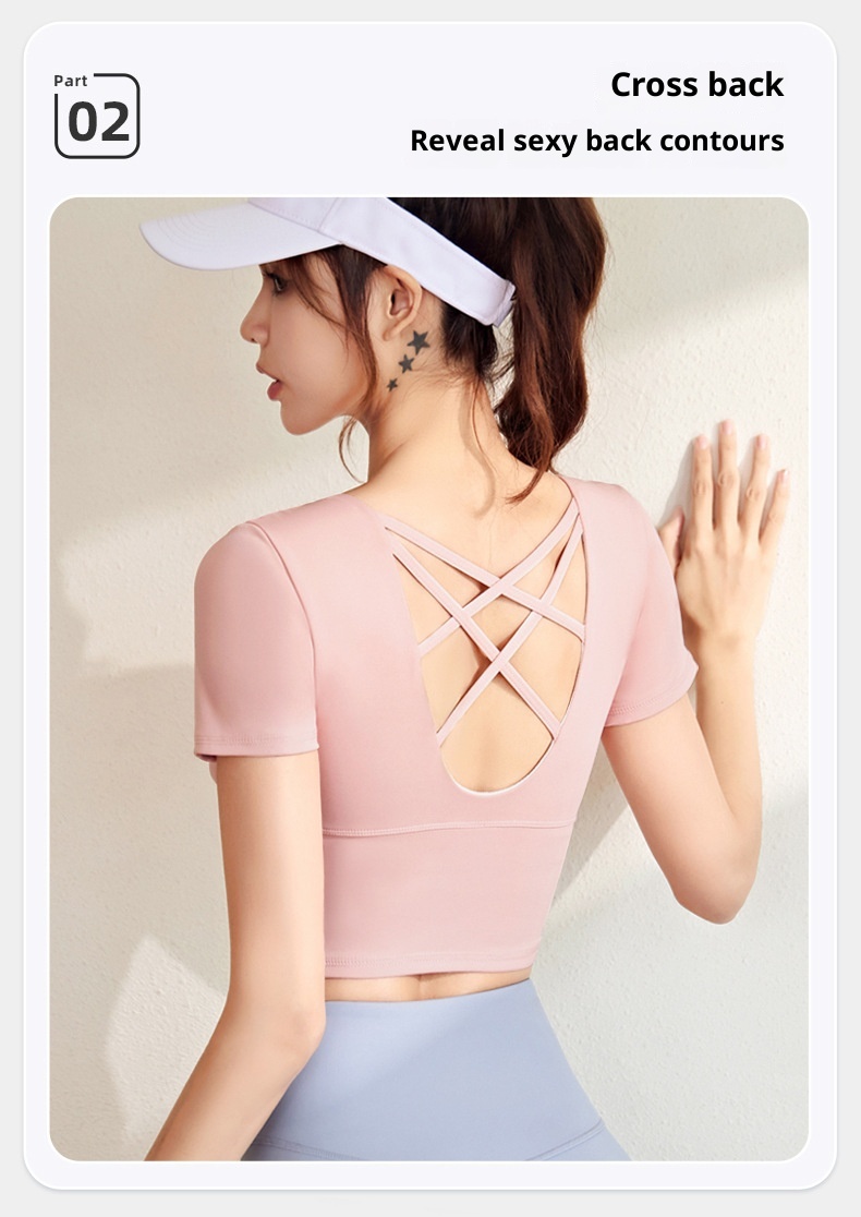 001 Juyitang Beauty Back Yoga Top Short Sleeve Slim Fit Sports Shirt For Women With Chest Pads_voghion.com