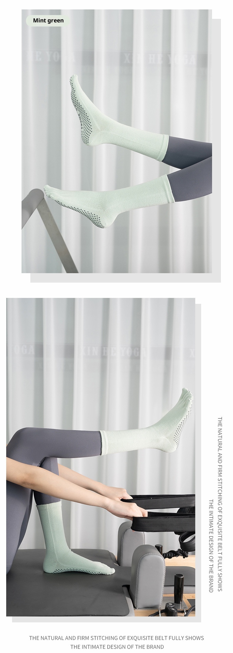 Chaussettes de yoga et de pilates mi-mollet pour femmes, style sport, à dégradé de couleurs, orteils séparés, absorbantes et antidérapantes. Modèle professionnel._voghion.com