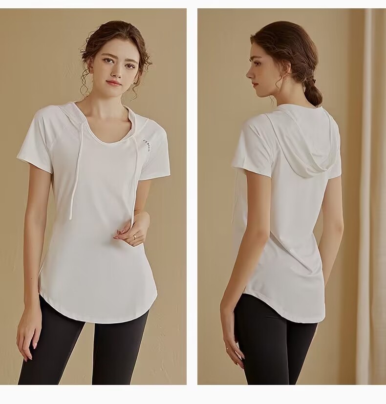 Camiseta deportiva de manga corta para mujer, holgada, adelgazante, de longitud media, con capucha, de secado rápido, para fitness y yoga._voghion.com