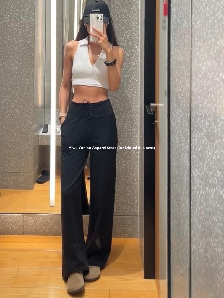 001 Lulu Same Style Original Label Throwback Drawstring Straight Yoga Casual Waist-Cinching High-Waist Draped Magic Pants_voghion.com