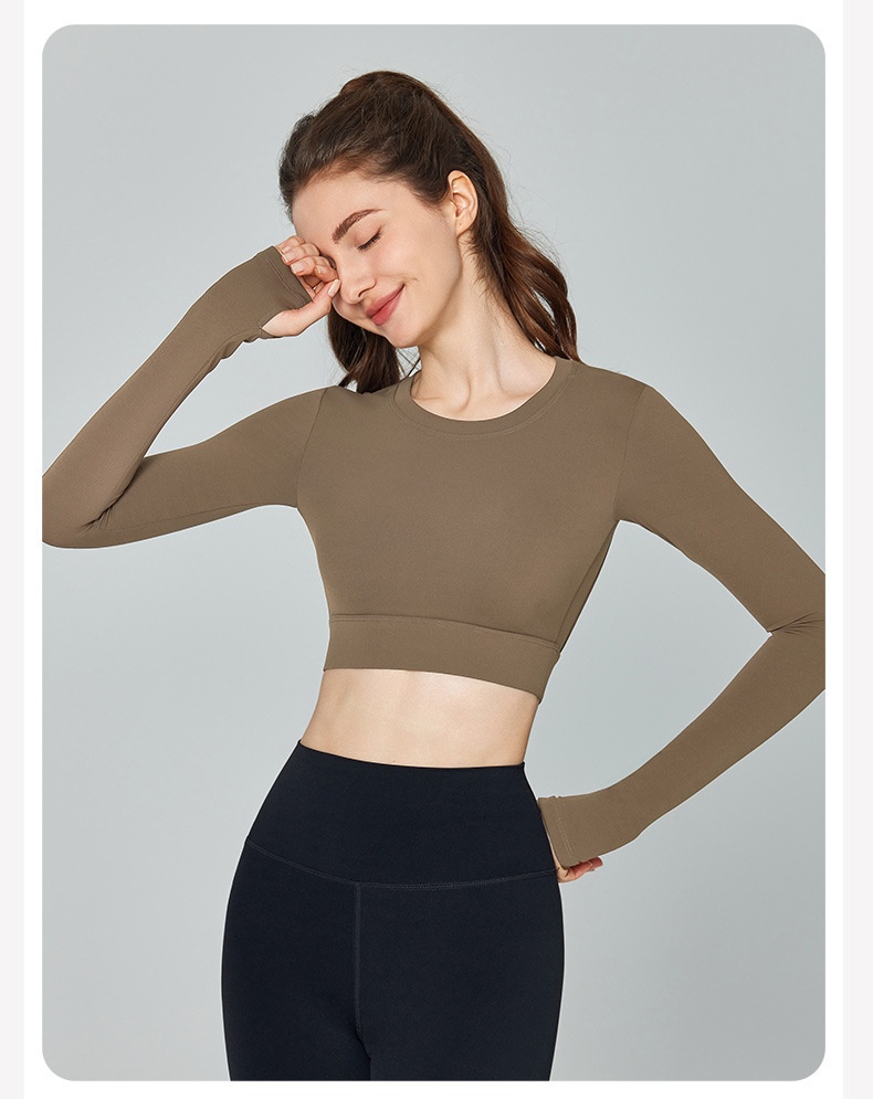 001 Cross-Border Sexy Back Yoga Shirt Long Sleeve With Chest Pad Slim Fit Short Sports Top Running Training Fitness Cover-Up_voghion.com