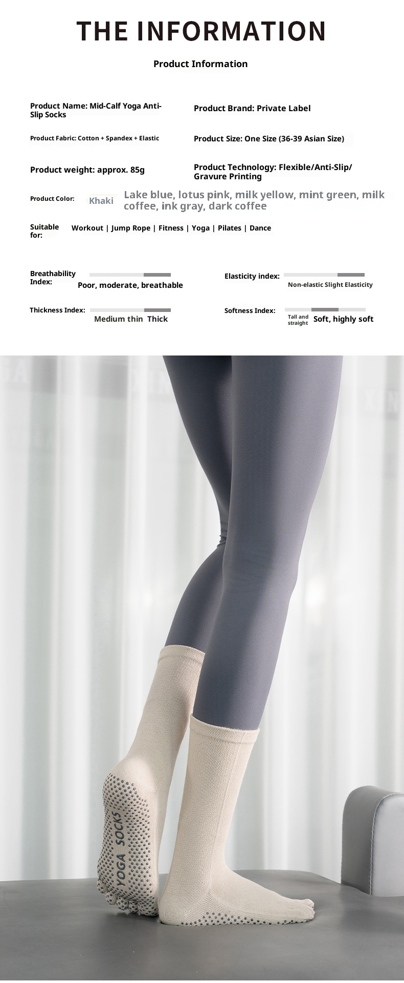 Chaussettes de yoga et de pilates mi-mollet pour femmes, style sport, à dégradé de couleurs, orteils séparés, absorbantes et antidérapantes. Modèle professionnel._voghion.com